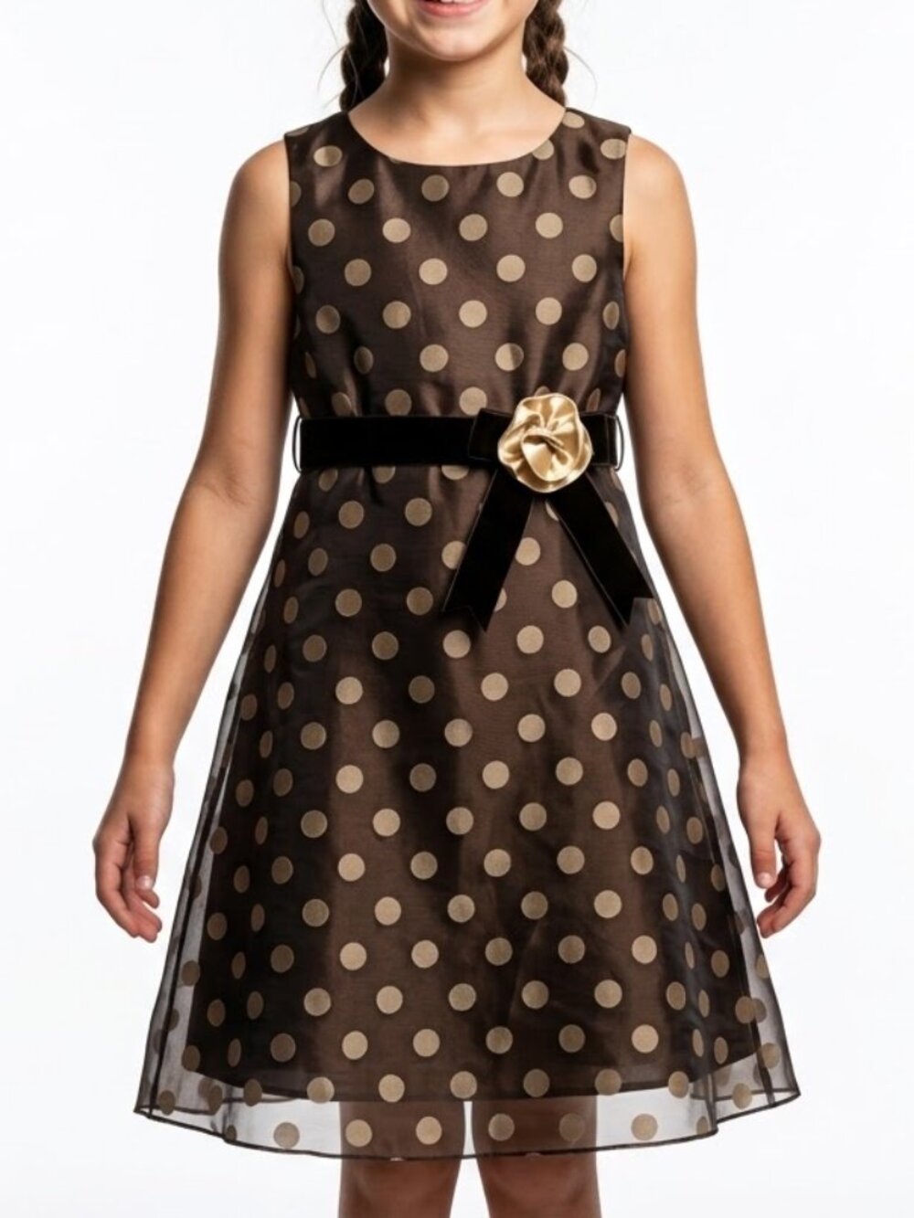 Bonnie Jean Y2K Dark Coquette Brown Polka Dot Rosette Mesh Dress Sz 10